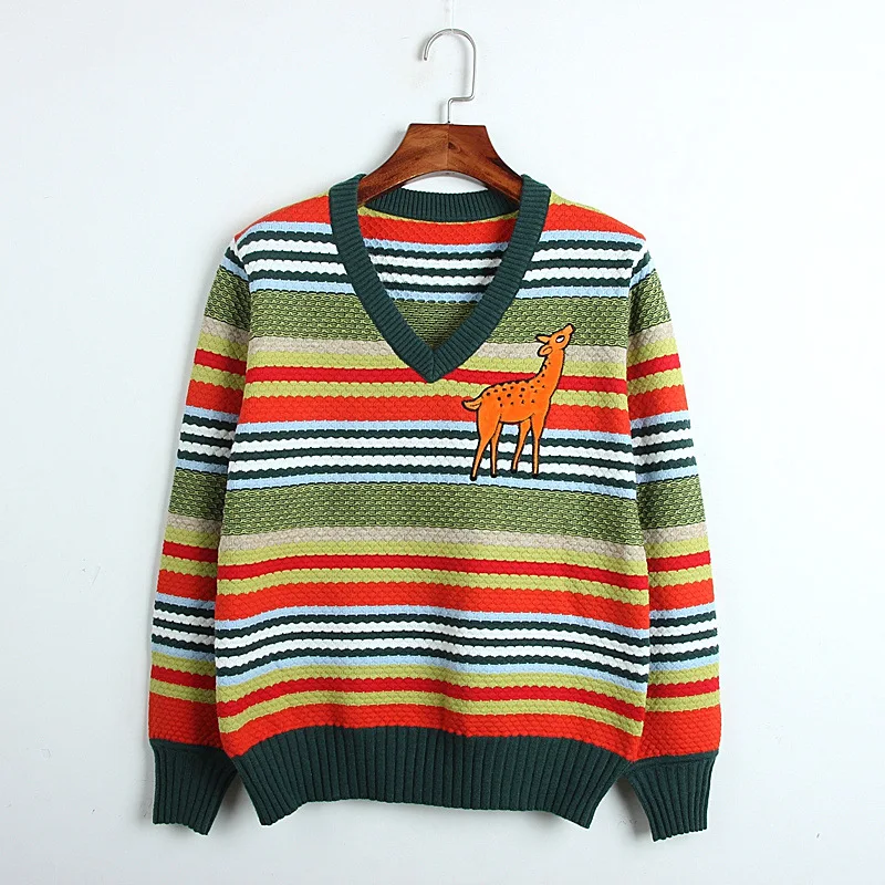 

women sweater Cartoon animals embroidery giraffe long-sleeve pullovers Female Early Autumn V-neck colorful jumper knit top