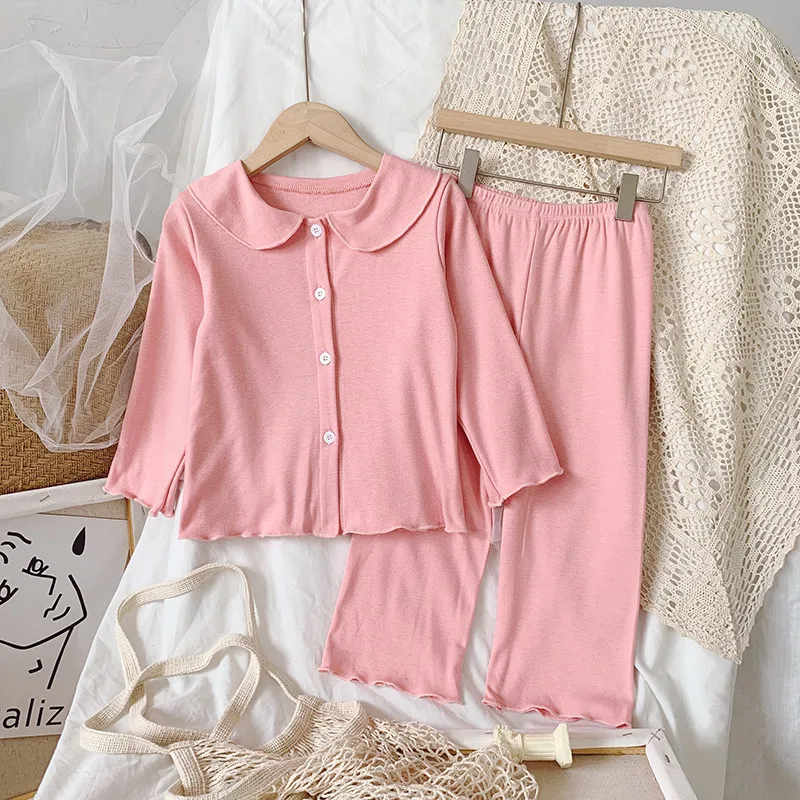 

Little Girlâ€™s Long-sleeved Trousers Pajamas Set Autumn Solid Color Cardigan and Pants Home Clothes Suit Sleep Wear