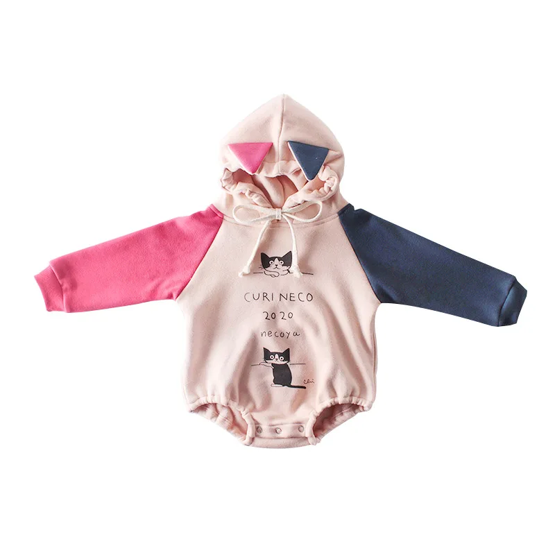 

2019 New Baby Romper Girl Jumpsuit Warm Plush Lining Patchwork Cat Ear Hooded Toddler Onesies Individuality Infant Clothes