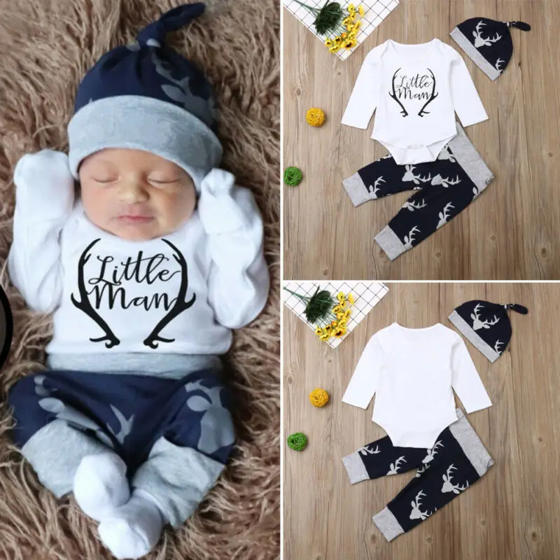Newborn Baby Boys Clothes Little Man Romper+deer Leggings Pants+hat Outfits Set