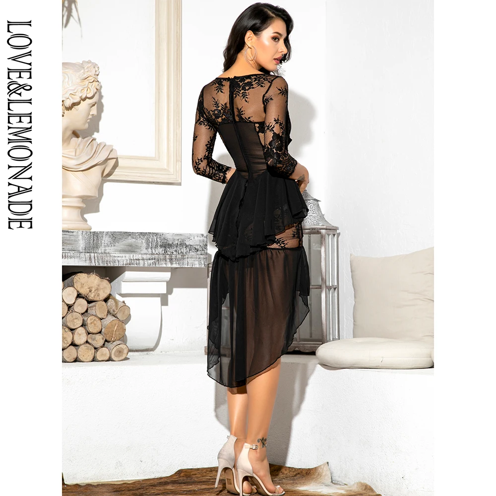 LOVE& LEMONADE сексуальное черное перспективное шифоновое и кружевное сшитое платье с оборками со средним рукавом LM81938