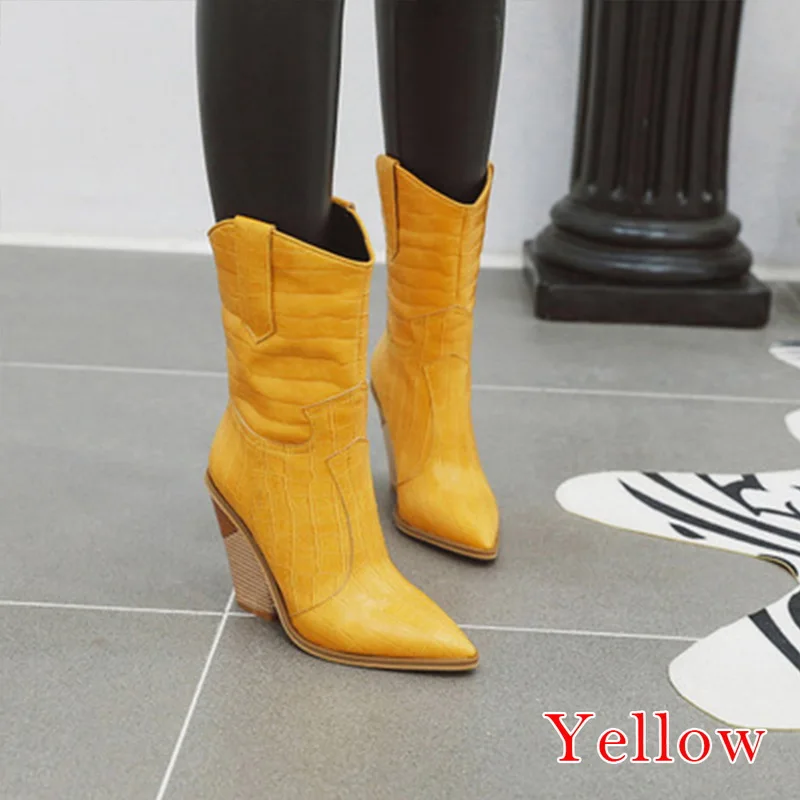 Litthing/женские ботинки; кожаные ботинки на танкетке с острым носком на высоком каблуке; зимние ковбойские ботинки для женщин; модные ботинки; Bota Feminina - Цвет: yellow