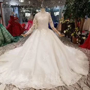 

Arabic Muslim High Neck Lace Ball Gowns Wedding Dresses Long Sleeves for Womem Elegant Bridal Gowns Vestidos De Novia 2019