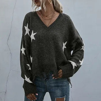 

Hot Sale Fashion Women Long Sleeve V-neck Star Printing Pullover Sweaters Tassel Knitted Sweater Mujer Sueteres #3