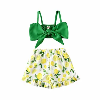 

2-5Years Sling bow knot Tops + lemon printed Ruffle Shorts 2pcs Set for Toddler Kids Girls Summer Clothes