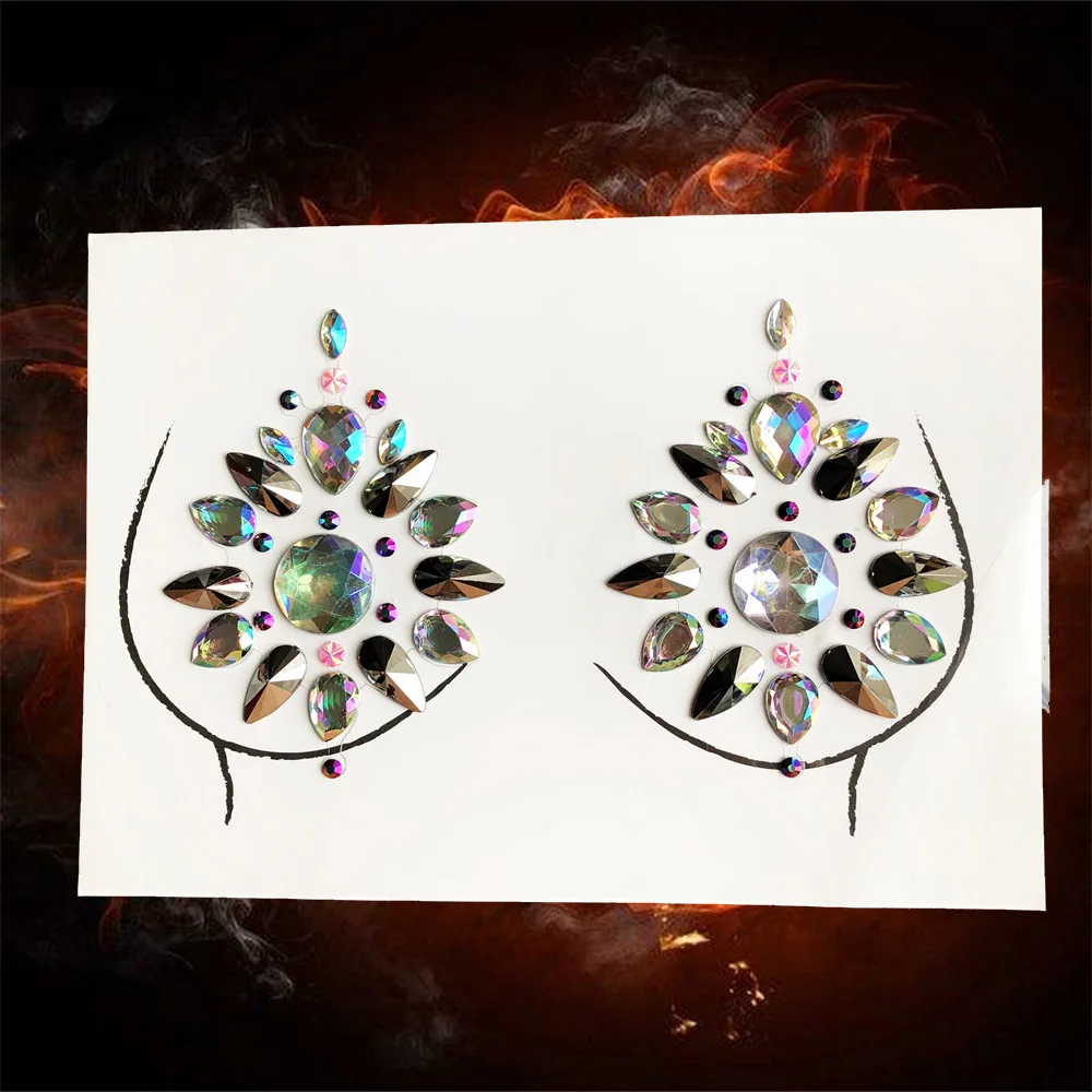 Rave Rhinestone Nipple Cover Stickers Self-Adhesive Glitter Breast Body Art Jewels Disposable 3D Tattoo Gems For Party Festival - Цвет: QXBS44Grey