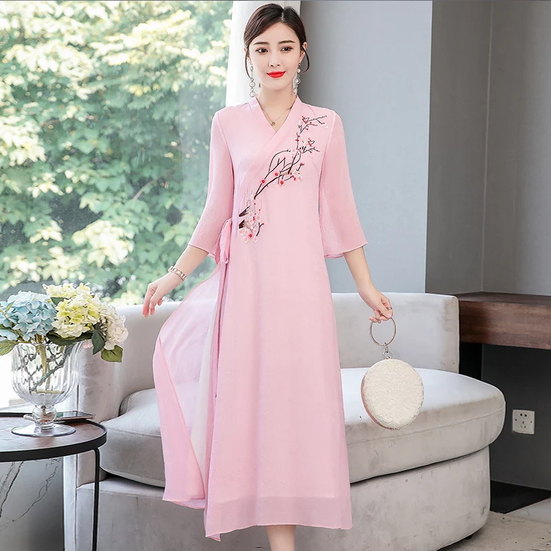 Винтажное повседневное Ретро китайское платье cheongsam qipao шифоновый Чонсам zen tea пеньковое Платье льняное платье свободное женское платье - Цвет: color1