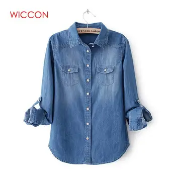 

WICCON Plus Size Denim Tops 2020 New Women Clothes Blouse Long Sleeves Denim Shirt Blouse Vintage Jean Shirt Camisa Femininas