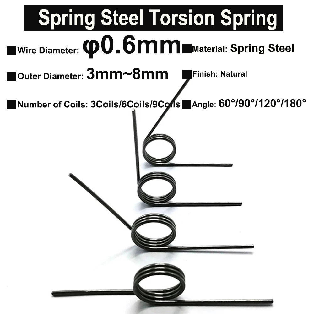 10Pcs Wire Diameter 0.6mm Spring Steel Torsion Spring Hairpin Springs 3Coils/6Coils/9Coils Angle