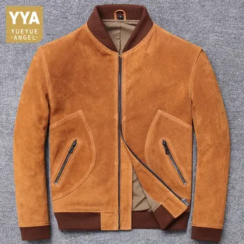 

High Quality Mens Vintage Cow Suede Moto Jacket Long Sleeve Zip Casual Real Leather Outerwear 2020 Spring Military Short Coat