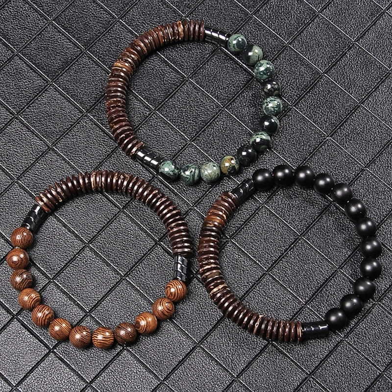 Beaded Bracelet Natural Stone Round Beads Coconut Wood Flake Bloodstone Lava Stone Wooden Bead Male For Men Gift