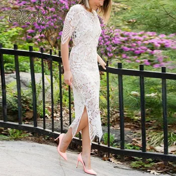 

Ordifree 2020 Summer Women Long Party Dress White Lace Sexy Bodycon Pencil Dress Robe Femme