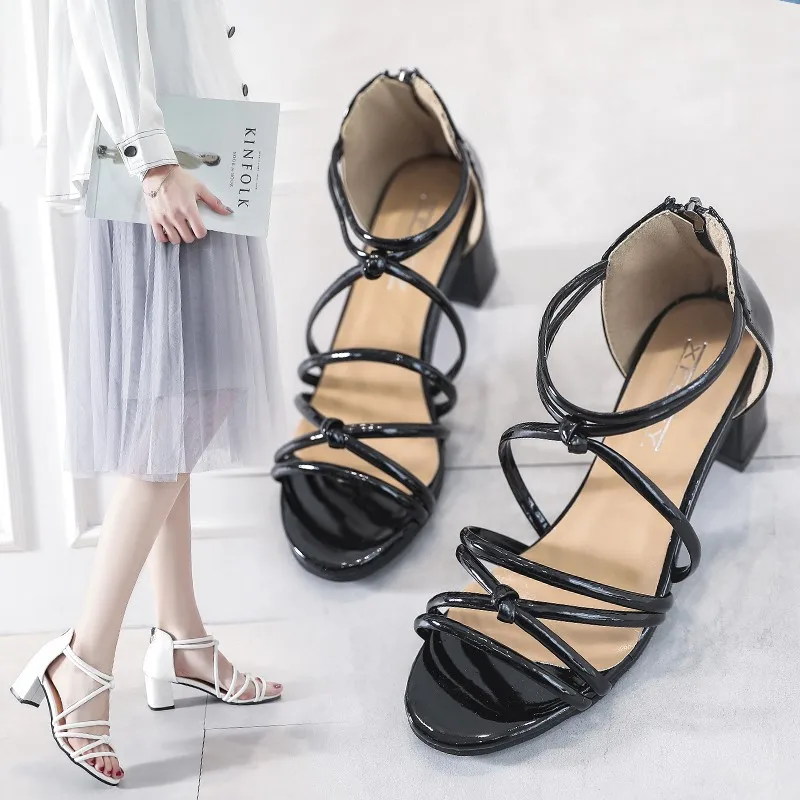 

2019 Spring And Summer New Style Korean-style Lace-up Sandals Bohemian Style Semi-high Heeled Leakage Toe Hot Selling Sandals Co