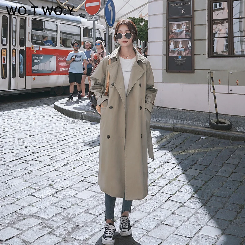 

WOTWOY Autumn Causal Fashion Double Breasted Trench Mid-Calf Straight Sashes Buttons Pockets Women Trench Coat Long Women Coat