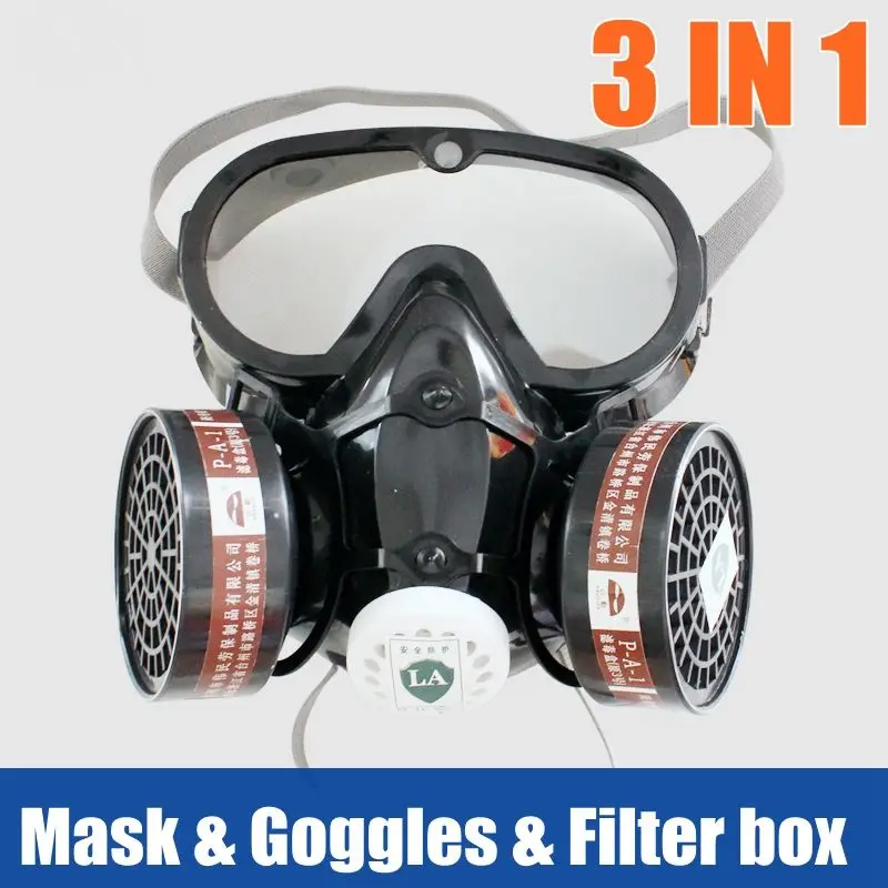 

3 In1Respirator Gas Mask Safety Chemical Dust Filter Military Eye Goggle Set Workplace Safety Protection with 2 Filter box