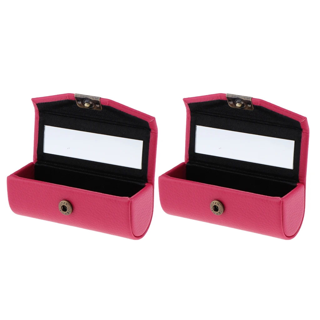 2 Pcs Unique Design Lichee Leather Lipstick Case Holder Storage Box Mirror Purse Pocket Rose Red