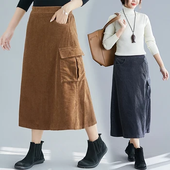

Winter Corduroy High Waist Skisrt Women Pocket Women Skirts Artistic Elegant Woman Clothes Midi Fringe Skirt 2019