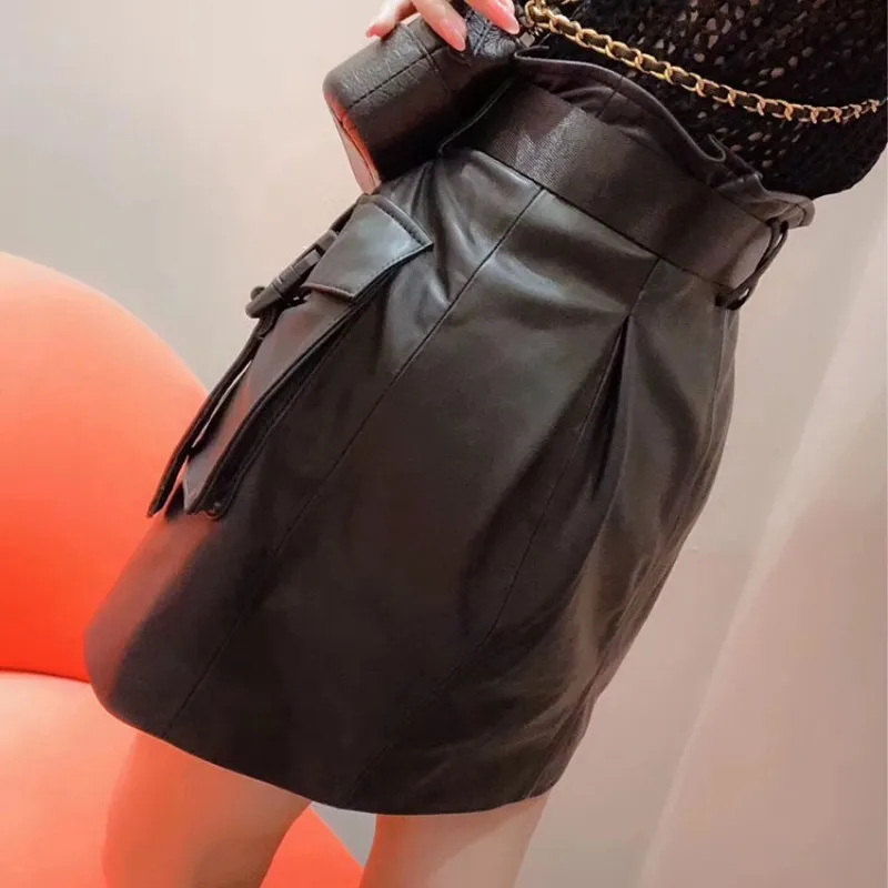 

Brand Genuine Sheepskin Mini Skirts Women Fashion Pockets Zipper A-Line Skirt Streetwear Black Elegant Biker High Waist Skirt