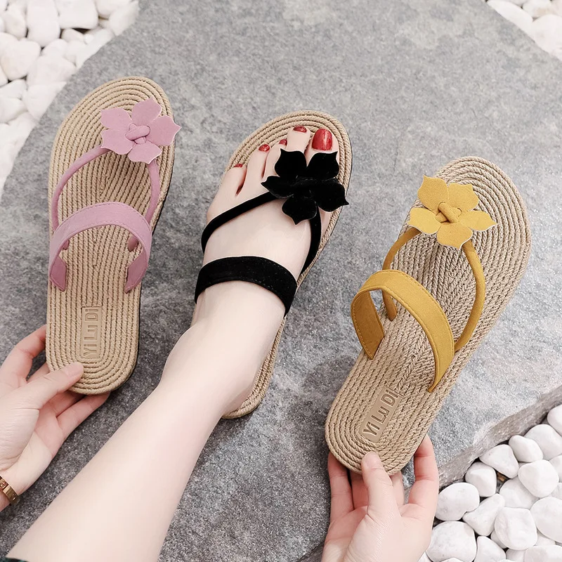 

2020 Summer New Women Shoes Fashion Leisure Sandals Lmitation Grass Rope Tourism Flowers Outer Wear Flat Beach Shoes EVA Shallow