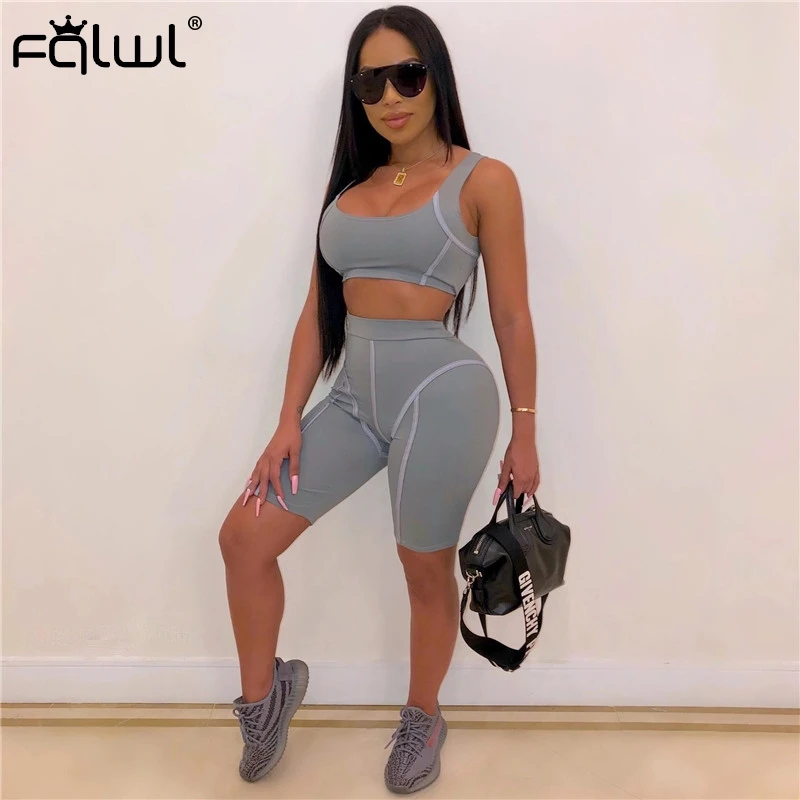 

FQLWL Two Piece Set Women Sport suit Sexy Crop Top and Biker Shorts Set Women Sweat suit Ladies Tracksuit Female Matching Sets