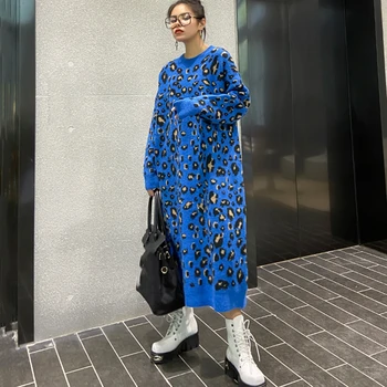 

SeeBeautiful Leopard Printed Large Size Overknee Knitted Dress O Neck Long Sleeve New Fashion 2020 Winter Women M153