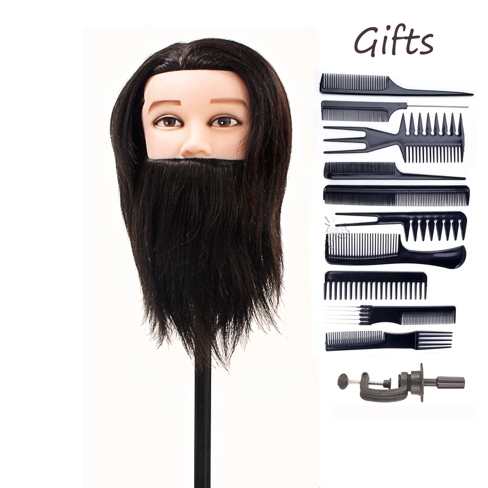 

100% Real Animal Hair Male Mannequin Head With Hair Beard For Hairdressers Salon Hairdressing Male Training Heads For Cutting
