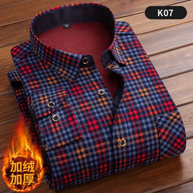 2022 Winter Mens Fashion Thicking Warm Long Sleeve Print Plaid Shirt Male Business Casual Fleece Lined Soft Flannel Dress Shirts mens short sleeve button down