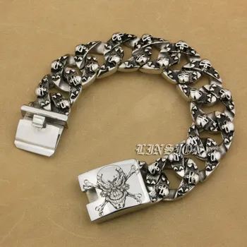 

LINSION Huge Heavy 316L Stainless Steel Deep Laser Engraved Pirate Skull Bracelet Mens Biker Punk Curb Link Chain 5F104