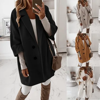

2020 Women Turn-down Collar Button Woolen Coat Autumn Winter Long Sleeve Pocket Jacket Elegant Office Lady Tops Long Coats