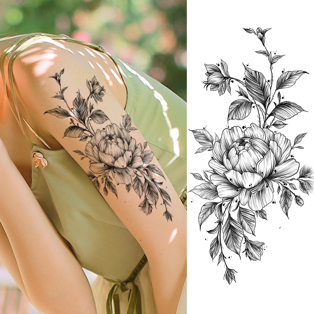 3d Waterproof Flower Rose Temporary Tattoos Stickers For Women Girls Black Peony Lily Tattoo Body Art Realistic Fake Tatoo Temporary Tattoos Aliexpress