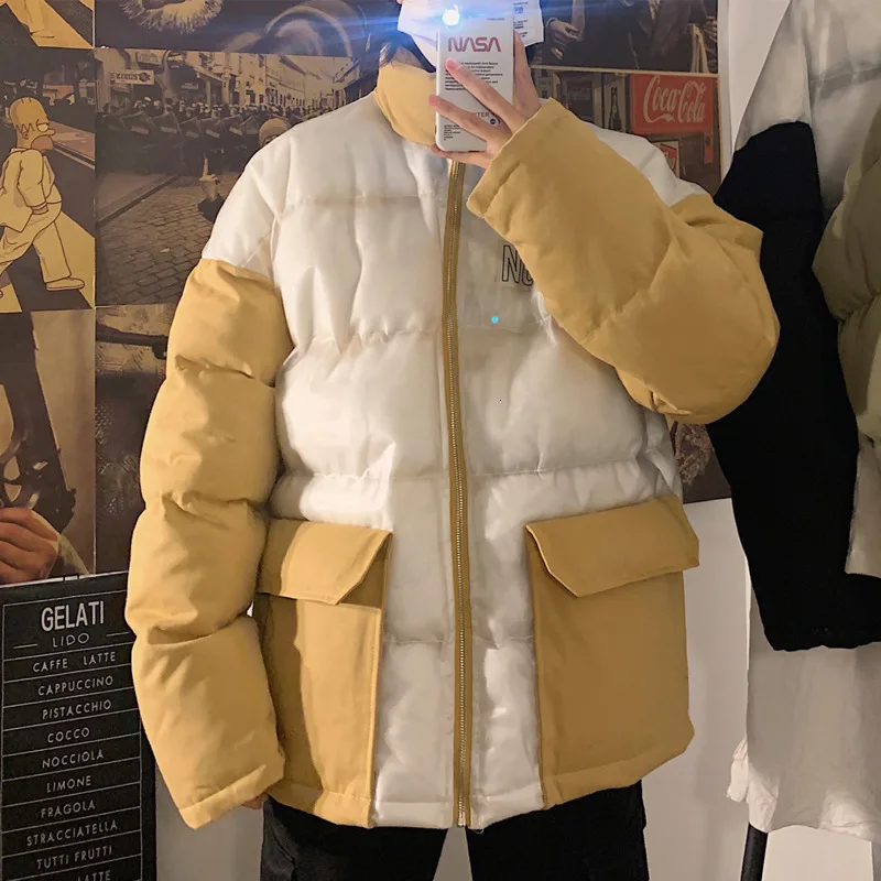 Winter Transparent Jacket Men's Warm Padded Cotton Coat Mens Streetwear Fashion Hit Color Large Pocket Parka Men Clothes Outwear