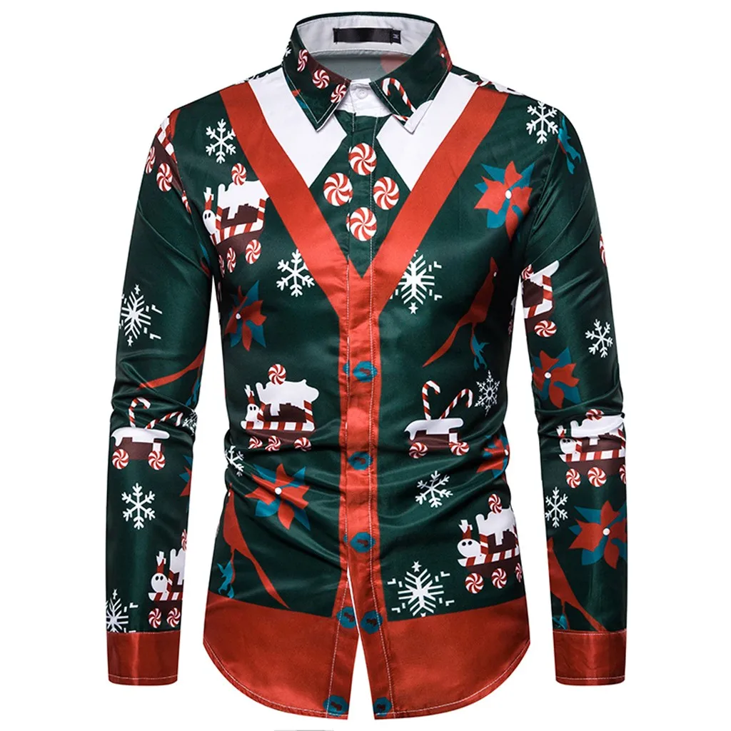 Зеленый Men Shirt Christmas Gift Printed Christmas Top Blouse plus size hawaiian shirt camisa masculina streetwear Party chemise homme - Цвет: Зеленый