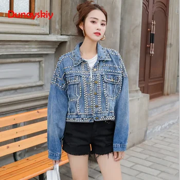 

Diamond Denim Jacket Female 2020 Autumn New Korean Version Studded Short Loose Denim Jacket High Street Single Button