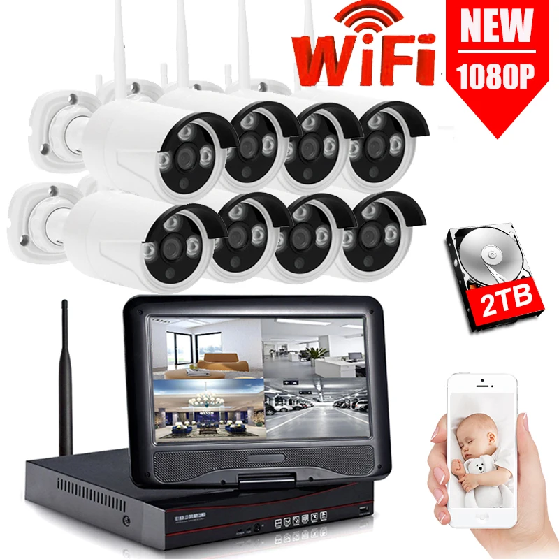 

10"LCD Monitor 8CH 2MP 1080P Wireless Wifi IP Camera NVR Kit Outdoor Waterproof CCTV System P2P Video Security Surveillance Set