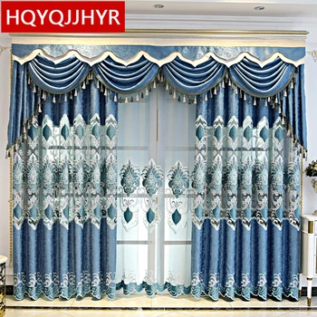 

luxury blue embroidered living room curtains for villa apartment hotel windows high quality custom curtains for bedroom