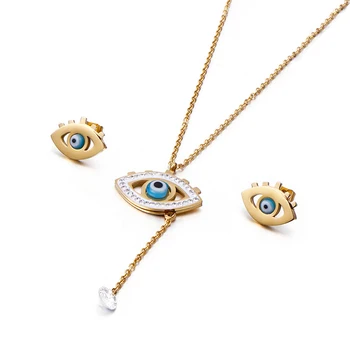 

YSJD Jewelry Set - Stainless Steel Fashion eye Pendant Zircon Necklace Cute Earring Gold Color For Women Accessories