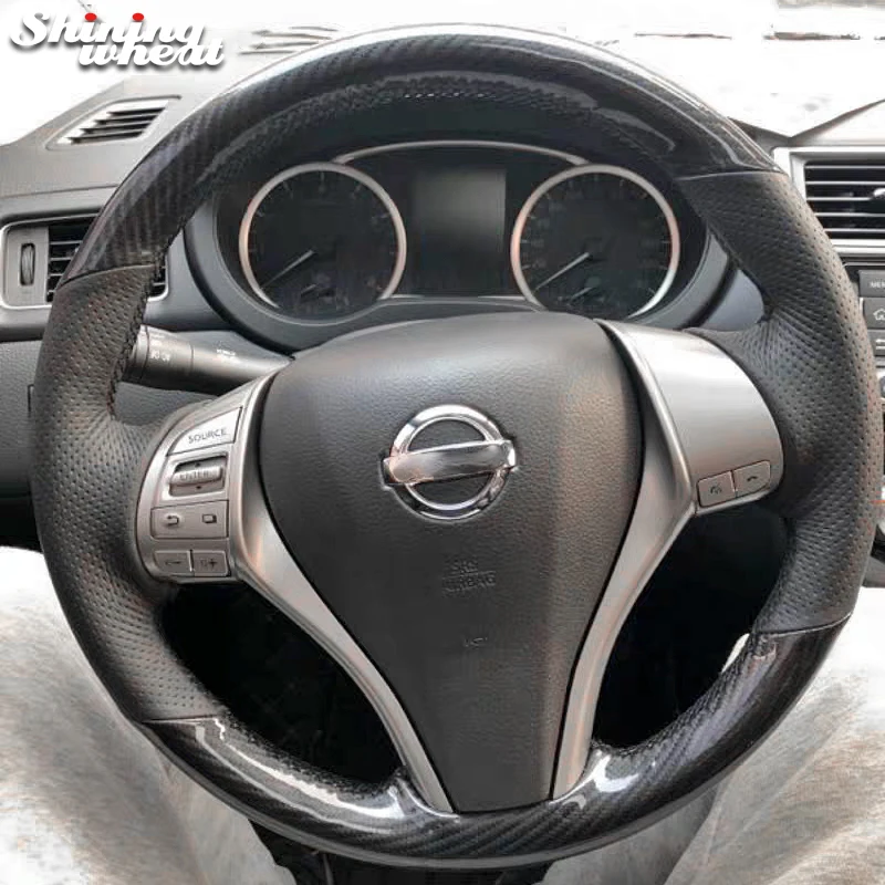 Блестящая Пшеница черная настоящая искусственная кожа углеродное волокно крышка рулевого колеса для Nissan X-Trail QASHQAI Sentra 2013 Teana