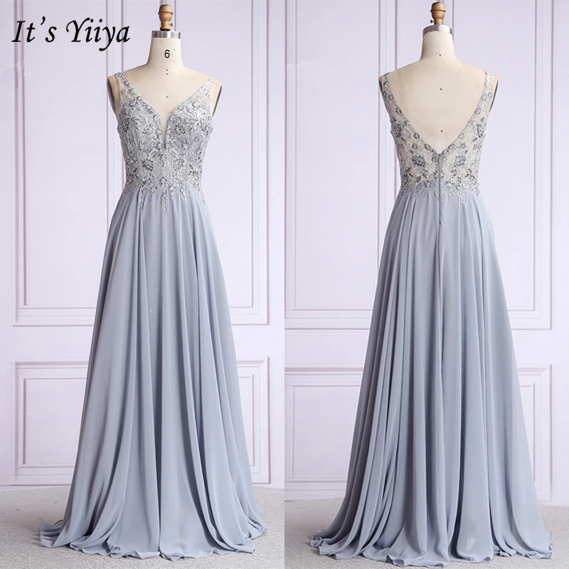 

It's Yiiya Evening Dresses Long Elegant V-neck Formal Evening Dress O003 Crystal Lace Sleeveless Plus Size robe de soiree 2020