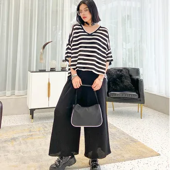 

XUXI Slimming Suit 2020 New Female Summer Big Size Foreign Leisure Fashion T-shirt + Wide Leg Pants Two-piece Set FZ1616