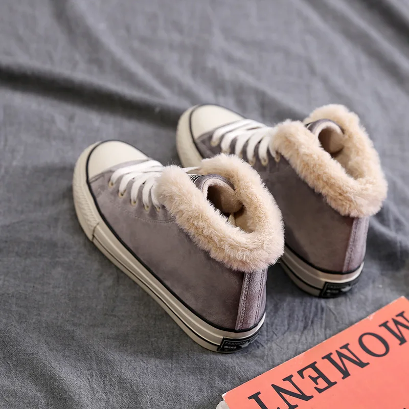 

Women Suede Canvas Shoes Fur Lined High Uppers Flat Bottom Shoes Girls Winter Sneakers Plush Inside Nice Quality Black Gray 40