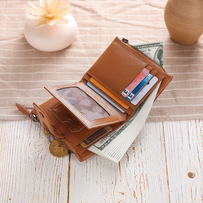 

New Style MEN'S Wallet Short RFID Anti-Theft Brush Genuine Leather Buckle Zipper Full-grain Leather Purse