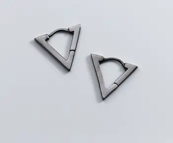 

100% SMALL Authentic Real100% 925 Sterling Silver fine Jewelry Black Enamel Triangle Geometric Hoop Huggie Earrings GTLE2396