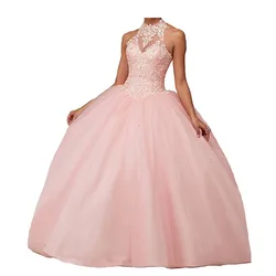 CharmingBridal Beaded Sweet 16 Dresses Sleeveless Halter Neck Basque Waistline Prom Graduation Ball Gown Quinceanera Dresses