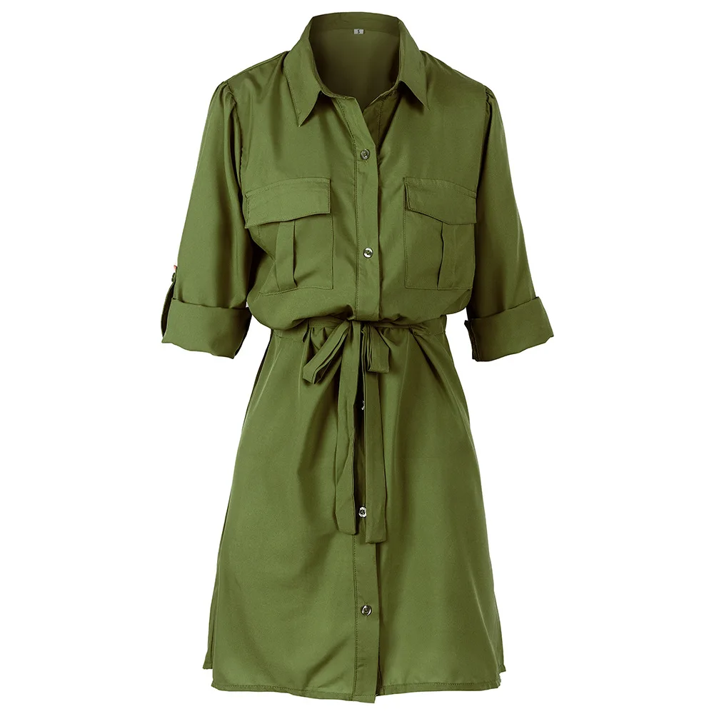 

2019 New Vintage elagant women mini shirt dress Casual lantern Three Quarter dress Turndown collar lace up female dresses