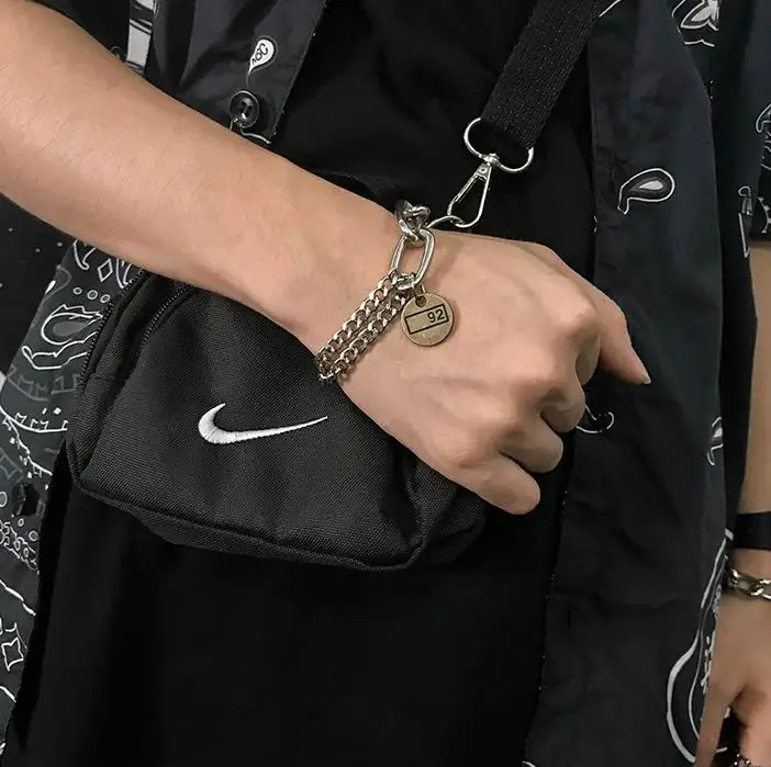 HUANZHI Silver Color Punk Bangle Classic Hip Hop Harajuku Thick Chain Thin Double Pendant Link Round Bracelet For Men Jewelry