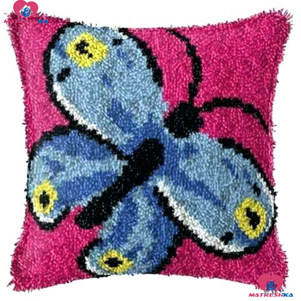 Latch Hook Kits for DIY Throw Pillow Cover with Pre-Printed Butterfly Canvas Sofa Cushion Cover Crocheting Embroidery 17 X 17