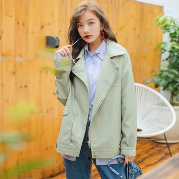 

FMFSSOM Spring Autumn Long sleeve Turndown Collar MotorBike Pu Leather Jacket Women Lady Loose Design