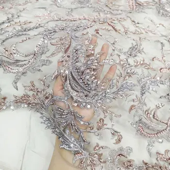 

Pink Color 2020 Nigerian High Quality Elegant Beaded Embroidery Lace Fabric Newest Factory Price Handmade Mesh For Evening Dress