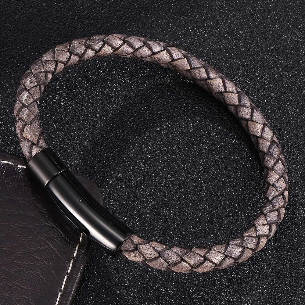 Винтажный античный серый плетеный кожаный браслет для женщин и мужчин ювелирные изделия из нержавеющей стали защелки унисекс плетение запястье E0461