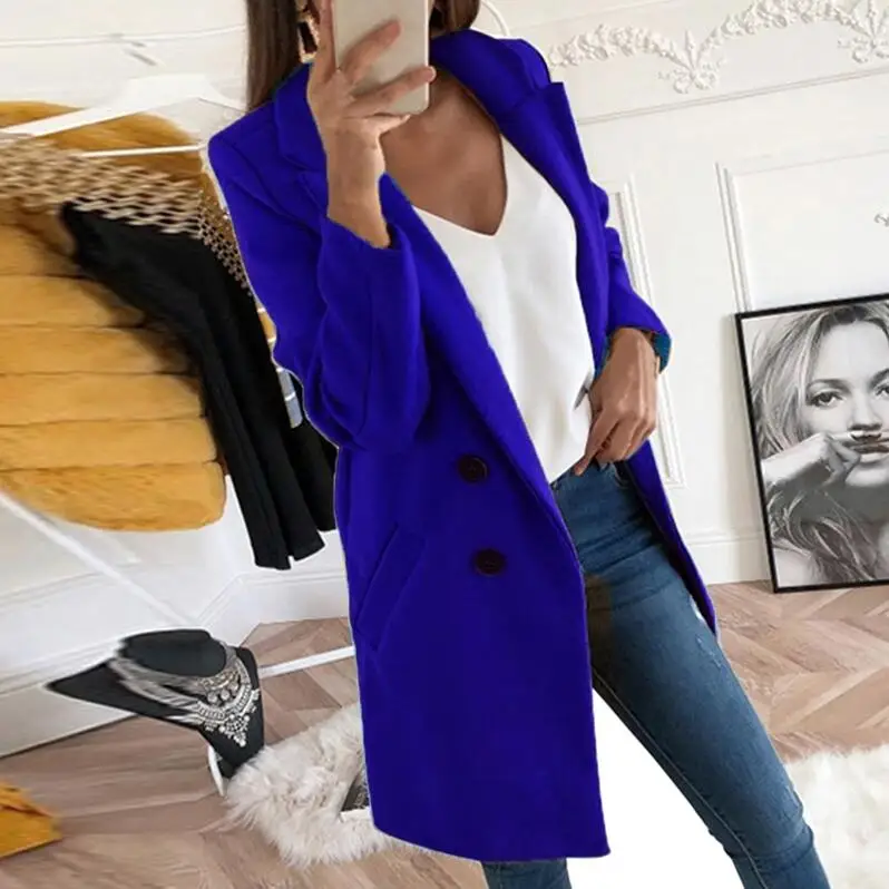Женское пальто больших размеров XXXL из смесовой шерсти, осенне-зимняя повседневная верхняя одежда с длинным рукавом, куртки, пальто - Цвет: royal blue